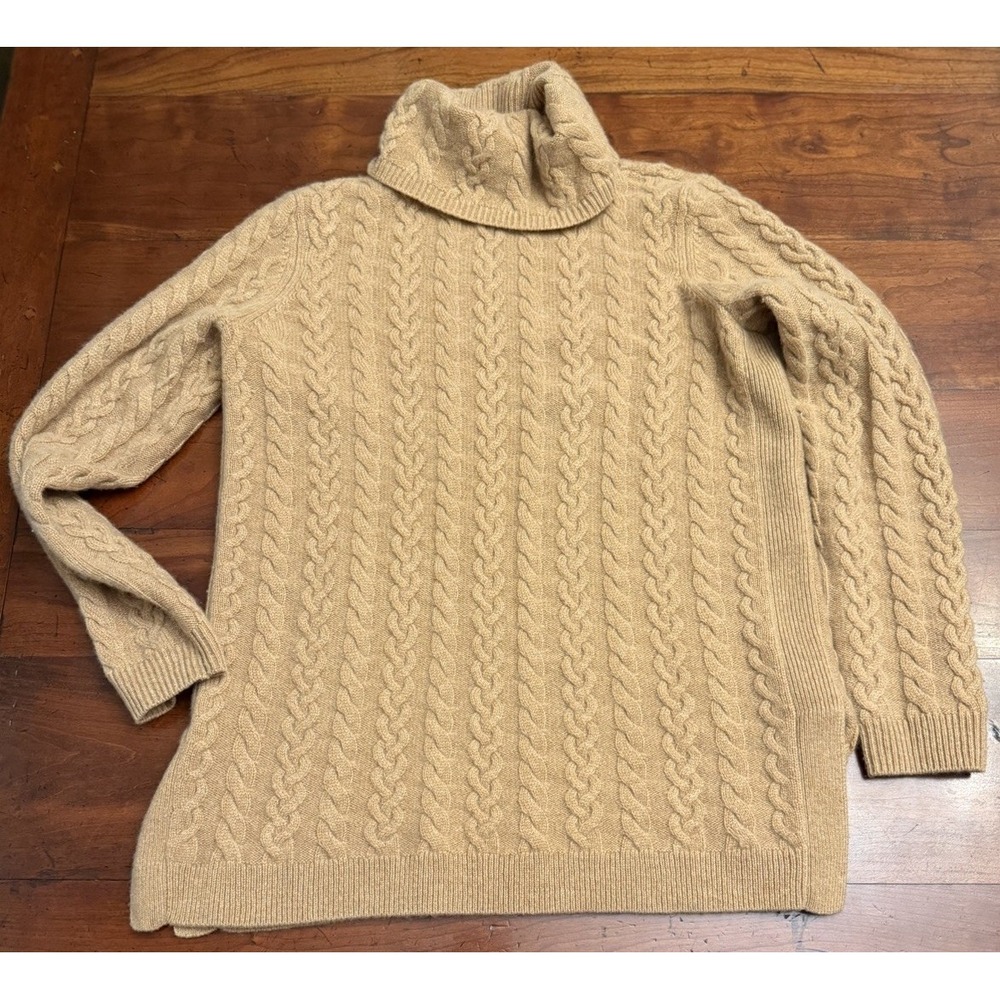 Talbots Pure Cashmere Tan Turtleneck‎ Cable-Net Sweater Petite P
